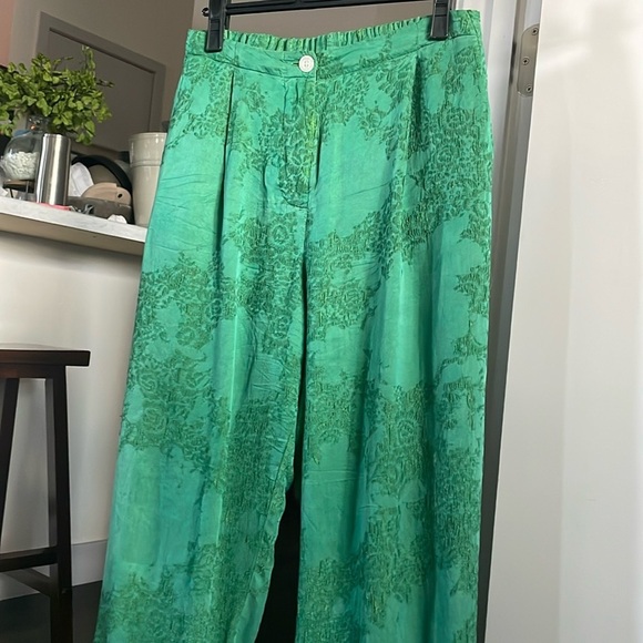 🍃Stunning Raquel Allegra green jacquard high waist pleated pants - Picture 1 of 15